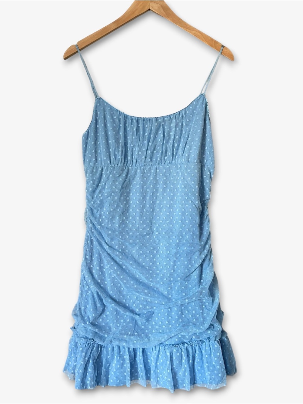 Altar'd State Ruched Polka Dot Light Blue Mesh Mini Dress Womens Large Fairy Y2K